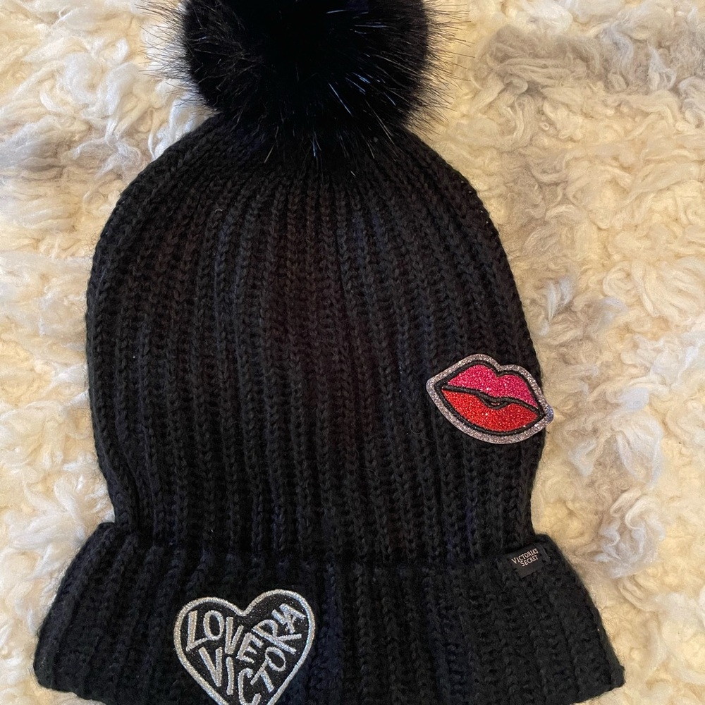 Victoria Secret Black Knit Beanie with Pom and Patches